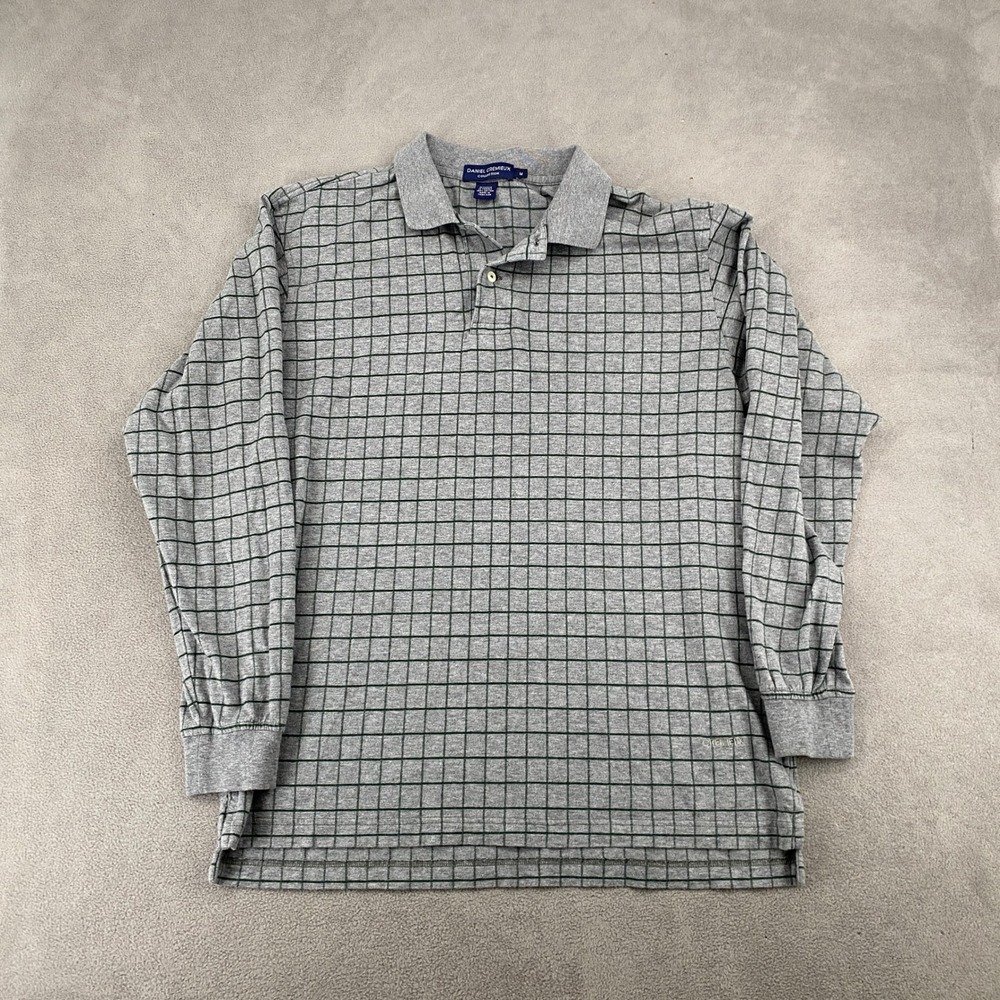 Daniel Cremieux Collection Mens Grey Green Windowpane Long Sleeve Polo Shirt M